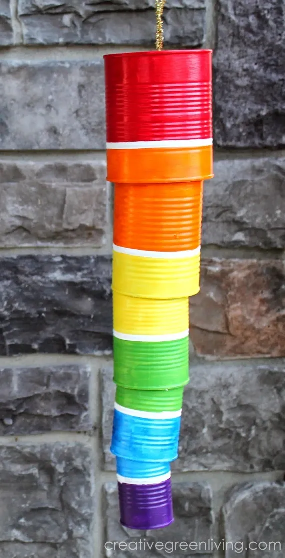 DIY recycled tin can rainbow windchime recycled craft tutorial - perfect for Earth Day DIY recycled tin can rainbow windchime